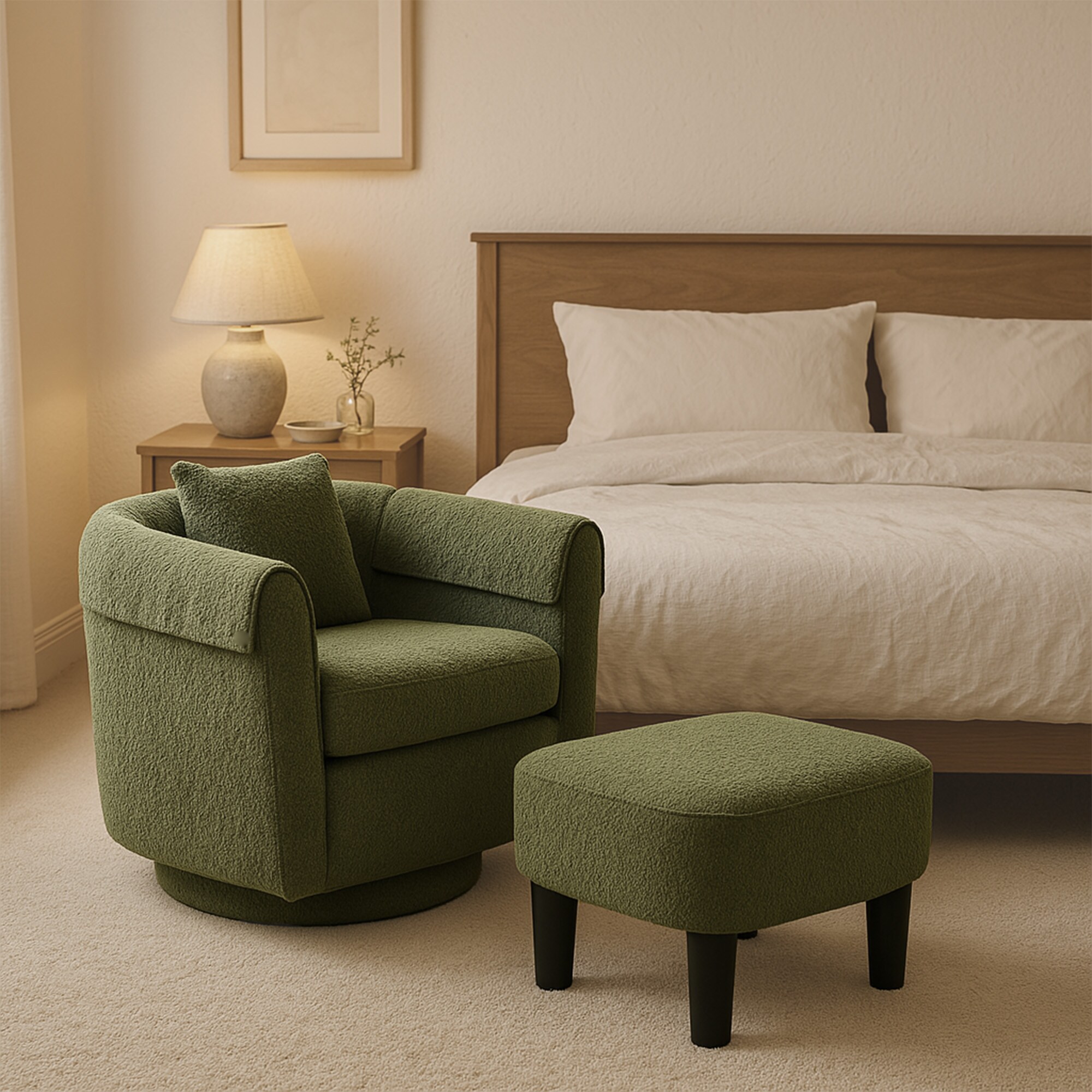 Swivel Accent Chair With Ottoman Set, Modern Chenille Barrel Armchair With Removable Back Pillow & 2 Armrest Covers For Living Room, Bedroom, Office, Green_voghion.com